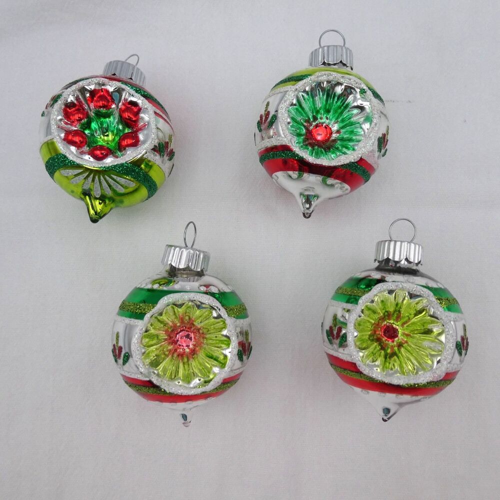 Radko Shiny Brite Christmas Ball Ornaments Set of 4 Reflector Indent Red Green